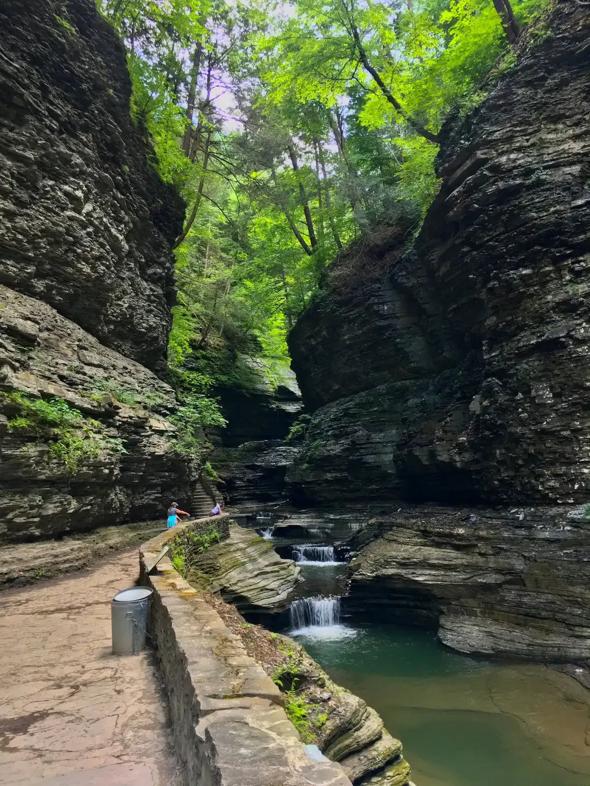 The stone Gorge Trail beside cascading waterfalls at Watkins Glen State Park on a Niagara Falls tour from NYC, New York